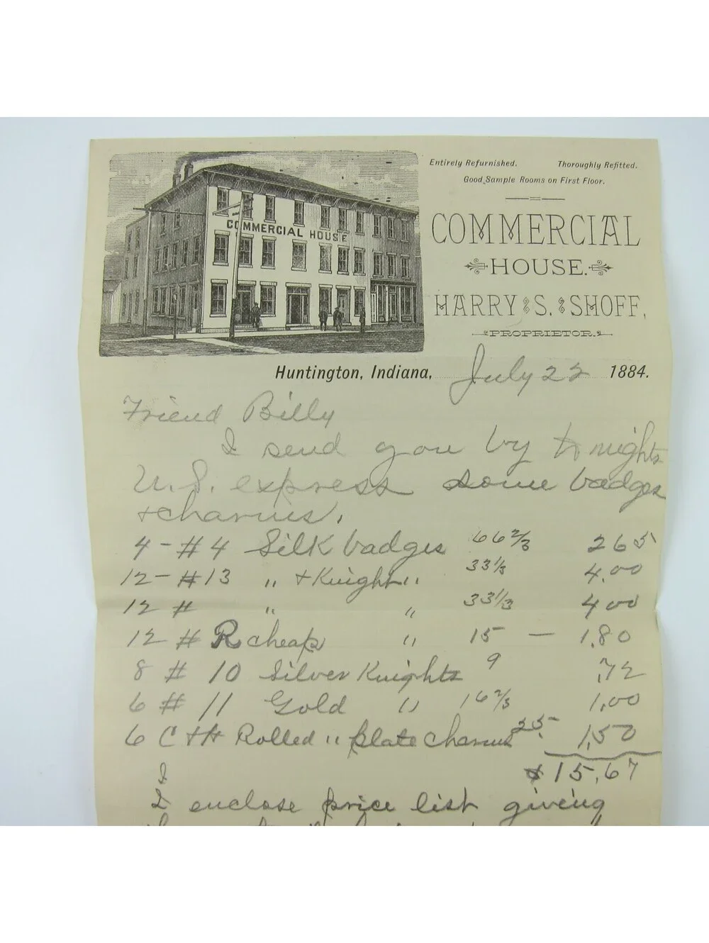 1884 Commercial House Huntington Indiana Letterhead SD Childs Co Badges Ad Lot